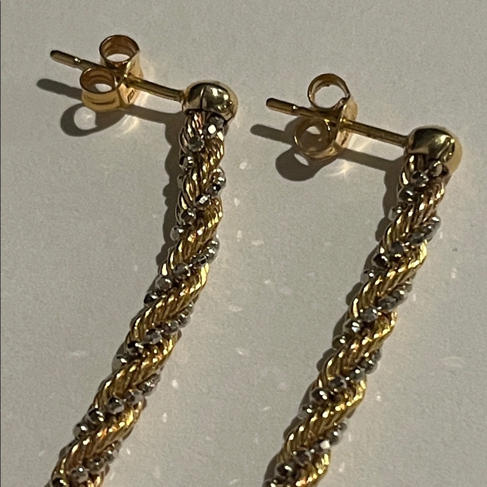 14K Yellow Gold + White Gold Twisted Rope Tassel Earrings, solid gold - Picture 4 of 17
